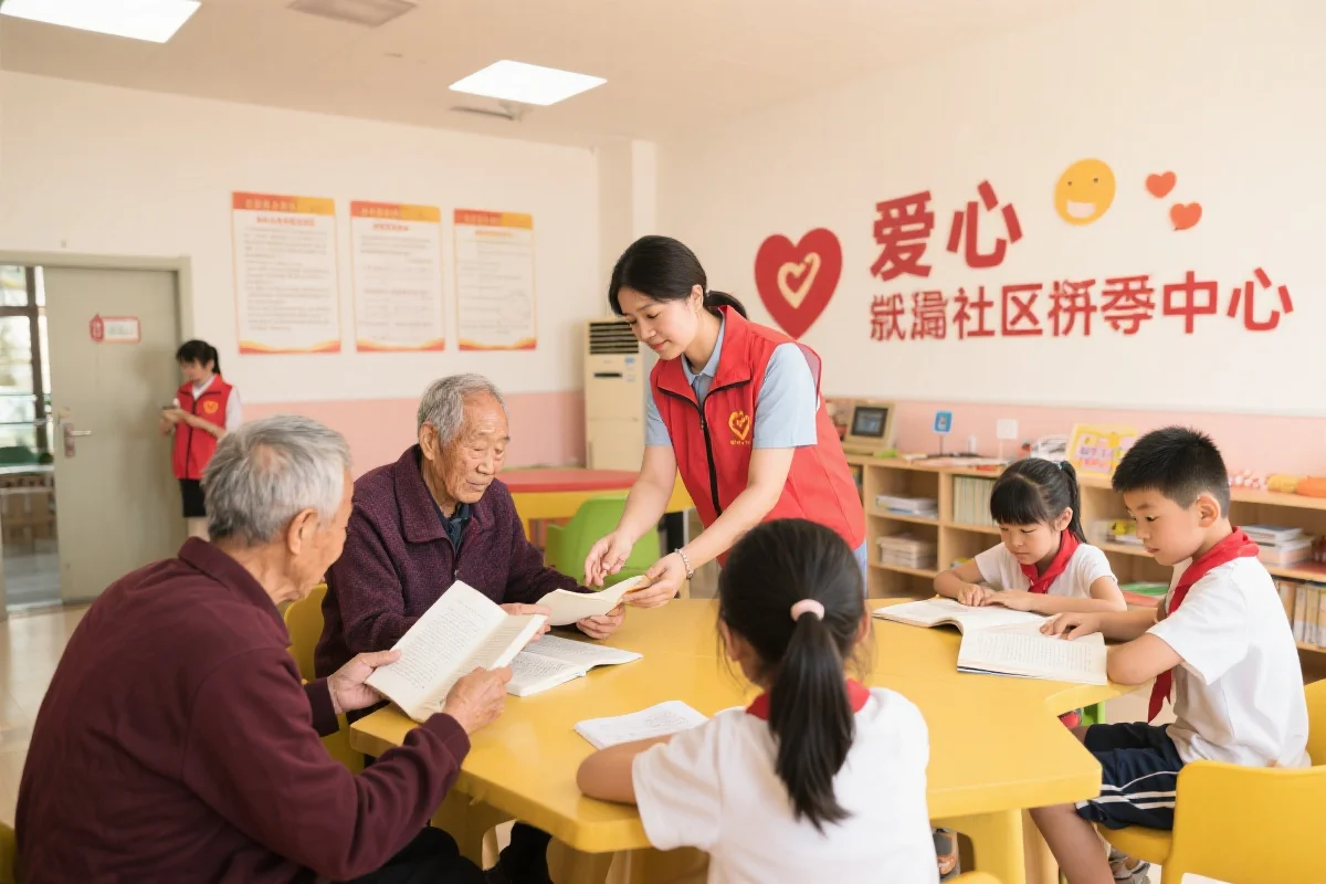 温馨的社区服务中心，老年人和孩子们共同参与活动，展现公益金对民生的支持