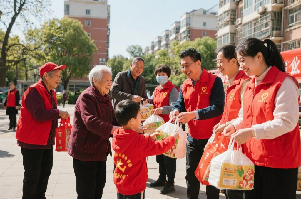 社区志愿者们在户外一起为老人和孩子分发物资，场面和谐温馨，阳光明媚