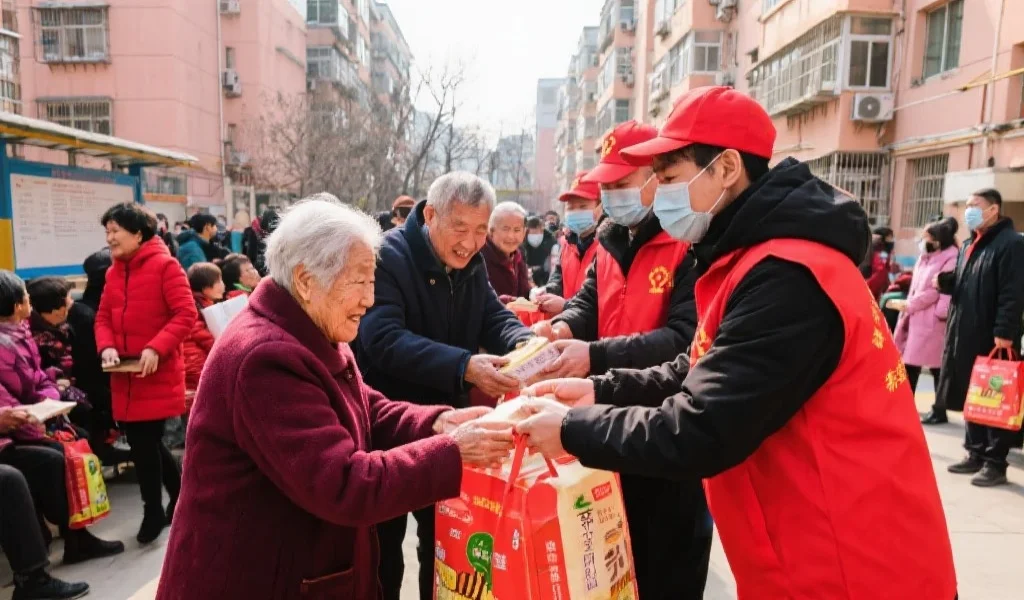 志愿者团队正在为社区老人分发物资，现场充满温暖与希望