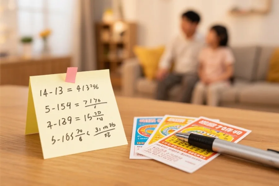 一张写满数字和公式的便签纸，旁边摆着几张彩券和一支笔，背景为温馨的家庭环境